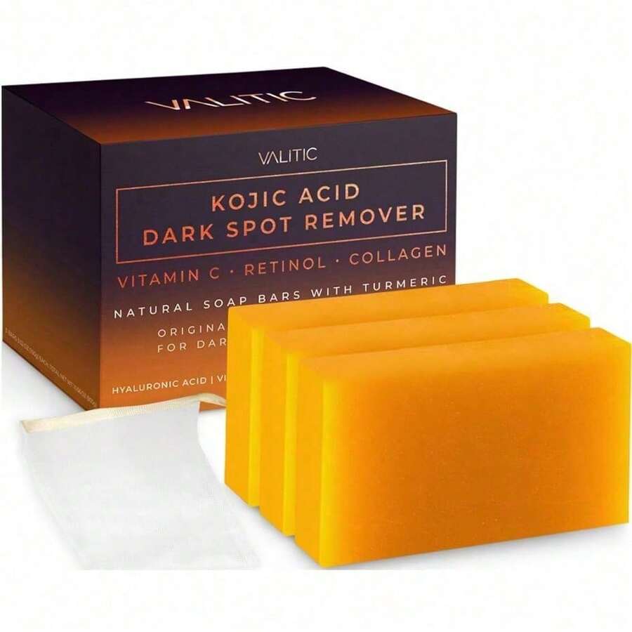 3pcs VALITIC Kojic Acid Dark Spot Remover Soap Bars With Vitamin C, Retinol, Collagen, Turmeric - Original Japanese Complex Infused With Hyaluronic Acid, Vitamin E, Shea Butter, Castile Olive Oil. - 薑色 - 查看 1