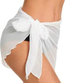 Swimsuit Coverups Women Sarong Beach Bikini Wrap Sheer Short Skirt Chiffon Scarf Swimwear - A White Solid - 查看 5