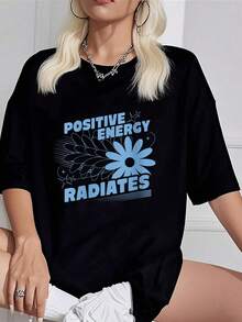 100% Cotton Womens Positive Energy Radiates O-Neck Crew Neck Short Sleeve T-Shirt, Casual Print Graphic Cotton Tees Women Topsjsd - màu đen - Xem 1
