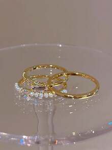Bộ 7 chiếc nhẫn đính đá Cubic Zirconia khảm đồng thanh lịch thời trang đơn giản sang trọng, phù hợp cho đám cưới, tiệc tùng, quà tặng ngày lễ, cô dâu - Vàng - Xem 7