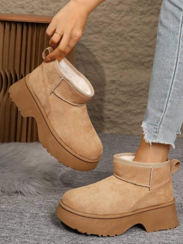 Plush Thick Sole Snow Boots, 2025 Winter New Fashionable Warm Thermal Lined Thickened Outer Wear Anti-Slip Warm Mid-Calf Fur Snow Boots, Plus Size