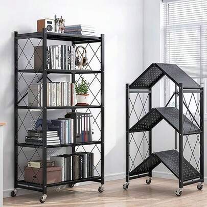 Folding Trolley Cart Shelf Storage Rack Rolling Office Wheels Metal 3/4/5 Tier