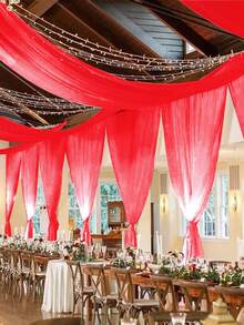 1pc Red Sheer Voile Curtain, Chiffon Ceiling Drape, Romantic Wedding Ceremony Decor, Multipurpose Sheer Curtain, Outdoor Wedding Decor, Bridal Shower Decor, Wedding Reception Decor, Birthday Party Decor, Wedding Arch Backdrop, Party Background Decor