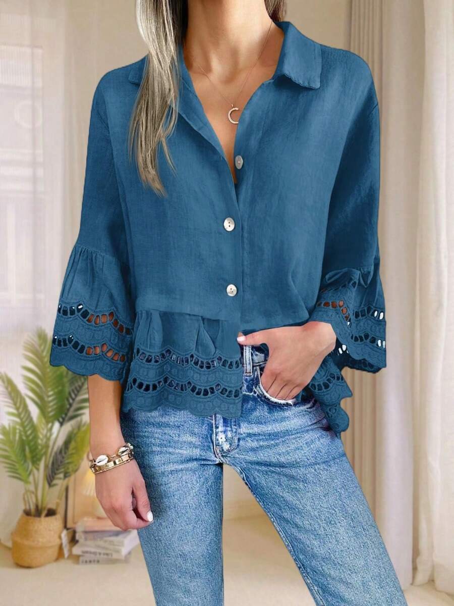 Womens Eyelet Blouse 3/4 Bell Sleeve Button Down Ruffle Hem Casual Summer Shirt Top - 藏蓝色 - 查看 1