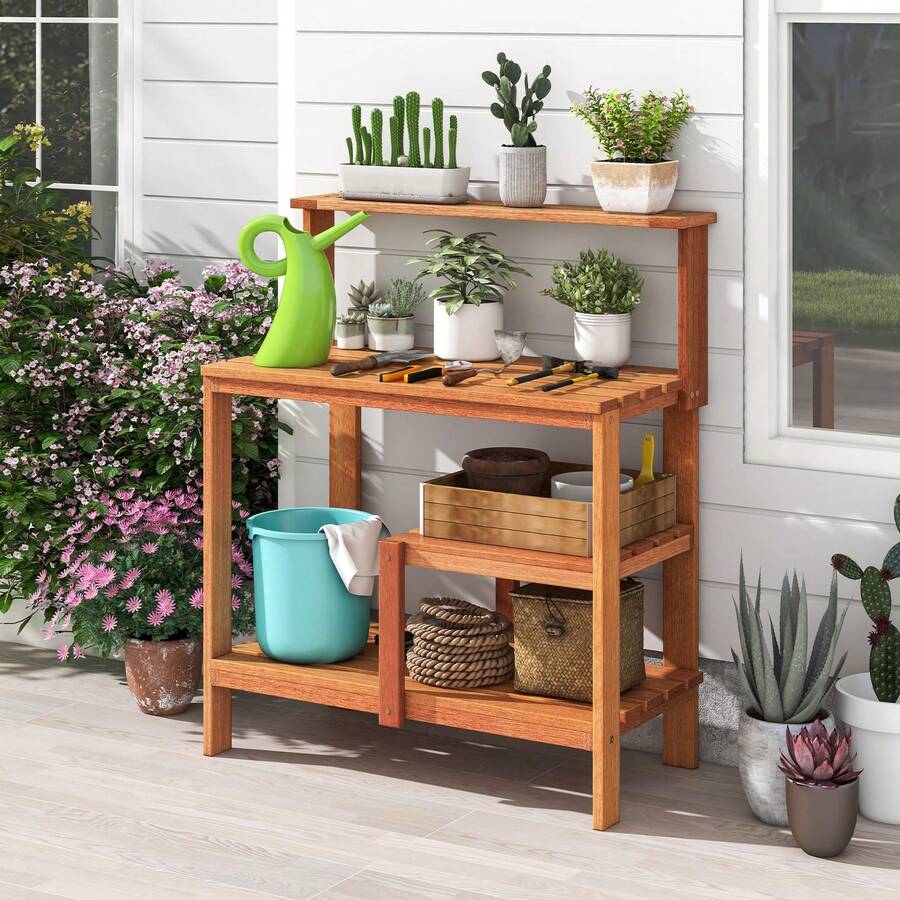 GOFLAME Garden Potting Bench Table With Storage, Outdoor Wood Planting Workstation With Open Shelves And Teak Oil Finish, Patio Horticulture Work Bench For Backyard - 橘色 - 查看 1