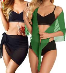 CHICGAL 2 Pieces Women Beach Sarong Bathing Suit Wrap Skirt Sheer Bikini Swimsuit Cover Ups Swimwear - 黑色和深綠色 - 查看 2
