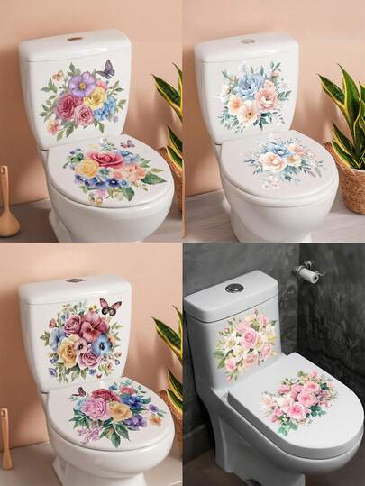 Flowers Bathroom Toilet Seat Wall Sticker Butterflies Art Wall Decals Self-Adhesive Pink Rose Floral Toilet Lid Decals DIY Removable Watercolor Toilets Stickers For Cistern Bathroom WC Restroom Decor