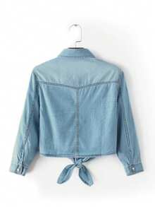 女士卷起 3/4 袖前系带衬衫 青年布牛仔短款上衣 - 淺色水洗藍 - 查看 2