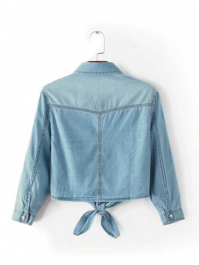 Plus Size Women's Roll-Up Sleeve Tie-Front 3/4 Sleeve Denim Cropped Blouse Casual Spring