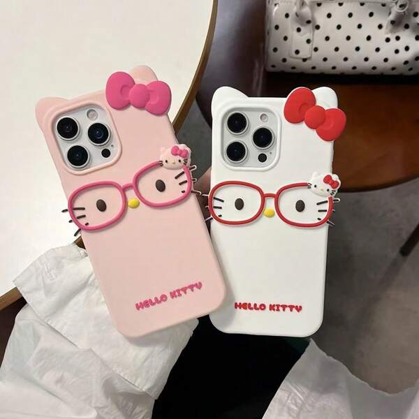 Sanrio Nuova custodia per telefono in silicone con occhiali 3D a forma di orecchie di gatto e cartone animato, compatibile con Apple 14/13/11/12/15/16 PROMAX, antiurto, adatta per 11 Pro/12 Pro/14 PROMAX/13 PROMAX