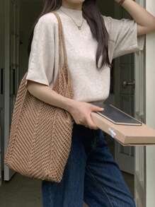 Women's Shoulder Bags Casual Straw Wicker Woven Ladies Handmade Totes Large Capacity Summer Beach Female's Messenger Bag Summer Large Capacity Crochet Knit Bag Women Woven Vintage Beach Shoulder Bag For Vacation Work Commute
