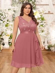 Plus Deep V-Neck Sequin Lace Contrast Ruffle Hem Chiffon Formal Evening Party Swing Dress - Dusty Pink - View 4