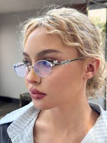 DareSee 1 buc Ochelari de soare pentru femei, cu ramă ovală metalică, îngustă, cu incrustații de stras, ochelari simpli Y2K Vintage Kawaii pentru stil zilnic, accesorii pentru ochelari de soare pentru femei, festival de muzică Y2K-Fest, înapoi la școală, toamnă