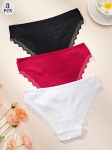 DORSU 3 piezas conjunto de ropa interior de mujer de encaje, de algodón, de talle bajo, sexy, de deseo puro, transpirable y sin costuras
