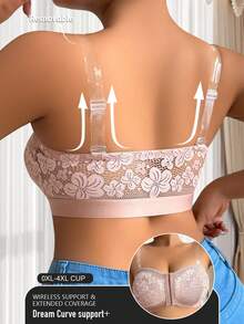 Plus Size Lace Patchwork Wireless Front Closure Comfortable Bra - Apricot - View 3