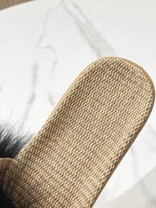 全新仿皮毛狐狸毛一脚蹬拖鞋，系带户外毛皮凉鞋，适合休闲、沙滩、居家穿着 - 黑色 - 查看 8