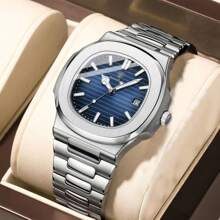 Herren Luxus Business Uhr Geschenk, echte Marke POEDAGAR (original) 50M wasserbeständig, quadratisch, blaues Zifferblatt, Datumsanzeige, Diamantmarker, leuchtend 316L, Silber, Edelstahl, hochwertiges Japan Quarzwerk - Premium Vater Bruder Partner Geburtstagsfeiertage Prüfungen Schulanfang Grundausstattung
