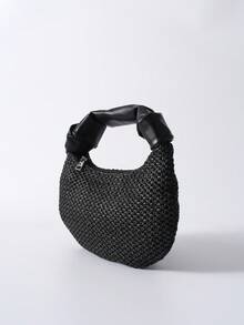 中号拉链单肩包，黑色，编织细节，顶部提手，圣诞节/冬季圣诞礼物 - 黑色 - 查看 5