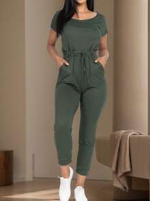 Women's Solid Color Casual Two-Way Shoulder Tie Waist Drawstring Short Sleeve Jumpsuit Scoop Neck Off Shoulder Jumpsuit For Women - 橄欖 - 查看 1