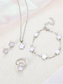 5pcs Women's Silver Jewelry Set, Fashionable & Elegant Flower, Clover Pendant Necklace, Bracelet, Ring, Earrings - Multicolor - View 4