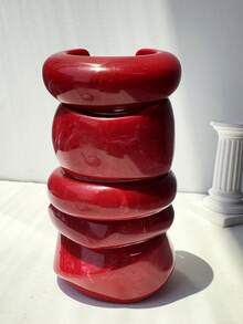 1 件复古红白不对称宽厚树脂手链，优雅女士珠宝，时尚百搭日常配饰