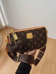 Women's Adjustable Shoulder Strap Color Block Chain Decor Letter Accent Mahjong Crossbody Bag