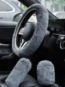 3 pièces/set Housse de volant de voiture noire, peluche d'hiver chaude, élastique, ajustable universellement
