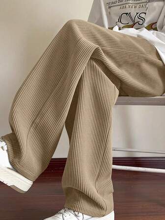 Men's Corduroy Straight Leg Pants, Comfortable Casual Loose Solid Color Versatile Long Trousers, Spring & Autumn