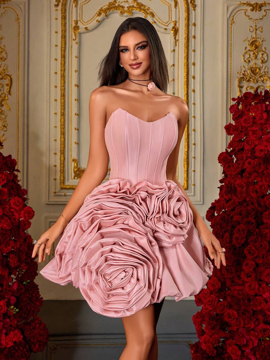 Pink Sweetheart Strapless Mini Dress With Giant Rose Skirt Design, Luxury Short Prom Dress, Dreamy Princess Party Gown, Couture-Inspired Cocktail Look, Birthday Celebration Dress, Artistic Floral Dress For Women,Cocktail Dress - Pink - View 1
