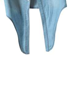 女士卷起 3/4 袖前系带衬衫 青年布牛仔短款上衣 - 淺色水洗藍 - 查看 7