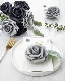 25Pcs Artificial Roses Flowers Fake Roses With Stems Real Touch Foam Flowers For DIY Wedding Bouquet Baby Shower Centerpiece Floral Arrangement Party Home Decor(Dark Red) - Grey - View 2