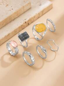 Ensemble de 7 bagues vintage élégantes incrustées de pierres géométriques, bagues à la mode dorées pour femmes, idéales pour un usage quotidien ou une fête, ensemble de bijoux cadeaux