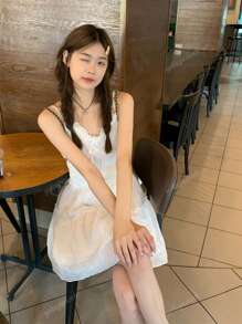 Petite White Lace Trim Spaghetti Strap A-Line Peplum Mini Dress For Women, Summer
