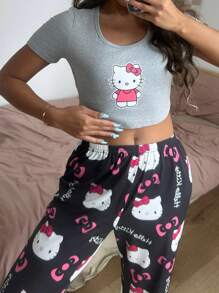 Sanrio 2pcs Hello Kitty Print Women Short Sleeve Top + Elastic Waist Pajama Pants Set
