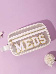 1 件防水 PVC 透明化妆包带手柄，男女通用，雪尼尔字母设计化妆包，户外旅行便携式洗漱用品收纳包，可爱礼物，适合女性化妆旅行洗漱用品收纳包透明必备礼品收纳拉链配件美甲旅行必备假期暑假返校学校用品包女士旅行化妆包 - 彩色 - 查看 10