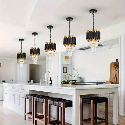 Lámpara colgante LED moderna - Diseño de moda en negro y dorado con detalles de cristal, adecuada para comedor, bar o escalera - Superficie de metal pulido, instalación con cableado, 110V-240V, decorativa y ligera