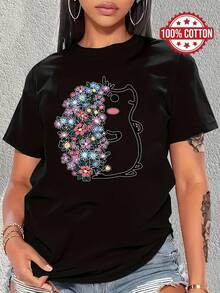 100% cotton T-shirt | Shipped from Mexico | High-quality breathable fabric | Women's black and white loose short-sleeve printed cotton Floral Hedgehog Design On Black Trendy and sporty round neck casual top - Negro - Ver 1