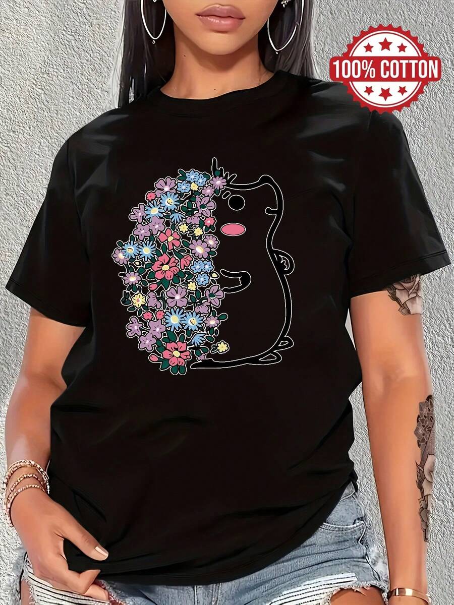 100% cotton T-shirt | Shipped from Mexico | High-quality breathable fabric | Women's black and white loose short-sleeve printed cotton Floral Hedgehog Design On Black Trendy and sporty round neck casual top - Negro - Ver 1