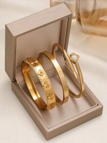 Vintage Floral Zirconia Bangle Set, Elegant Oxidized Zirconia Bracelet, Suitable For Women's Daily Wear