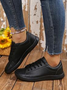 Plus Size Women's Minimalist Style Leather Patchwork Front Lace-Up Outdoor Athletic Shoes, Suitable For Sports - Black - View 5