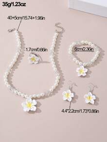 Set de 5 piezas de joyería para niñas con collar, pulsera, aretes y anillo con moños y flores de resina, adecuado para decoración diaria - Multicolor - Ver 10