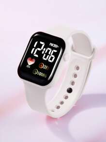 Set de 6 piezas con reloj digital LED de silicona blanca cuadrada de moda casual, pulsera, collar, aretes y anillo de cristal blanco hueco. Mejor regalo de cumpleaños para niños, adecuado para uso diario.