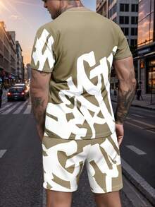 Men's Letter Print Short Sleeve T-Shirt & Shorts Casual 2pcs Set - Khaki - View 5