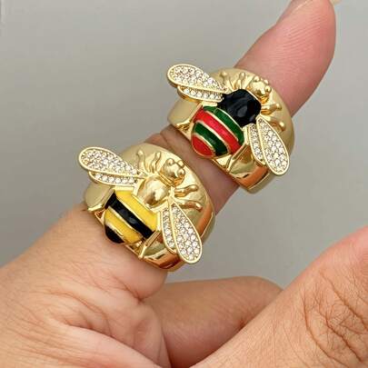 1pc Fashionable 18K Gold Plated Copper Cubic Zirconia Pastoral Style Cute Drip Oil Bee Insect Element Open Ring, Adjustable Width, Suitable For Men And Women For Daily Wear, Luxurious High-End Feel