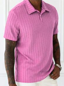 Camisa polo de manga corta con botones, de talla grande, con textura jacquard a rayas verde-gris versátil y casual para hombres marca Manfinity