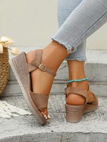 大码女士坡跟凉鞋，2025夏季新款时尚仙女风纯色度假波西米亚风高跟鞋，旅行必备 - 棕色 - 查看 6