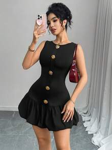 女式哥特式性感迷你优雅华丽蝴蝶结玫瑰金纽扣双层泡泡下摆连衣裙