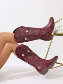 Women's Mid-Calf Western Style Boots With V-Cut Embroidered Printed Decor, Pointed Toe Chunky Heels, Over-The-Knee Cowboy Boots, Burgundy