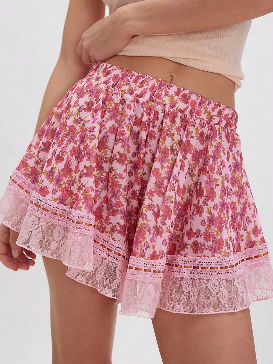 Women Floral Mini Shorts Lace Trim Elastic Waist Wide Leg Lounge Shorts Casual Summer Beach Boho Shorts - Hồng - Xem 1