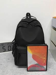 新款多层大容量双肩包，简约时尚女大学生背包，户外徒步旅行，黑色 - 黑色 - 查看 6